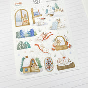 Close-up of Fluffy Winter waterproof kiss-cut rabbit stickers and the Bunny House sign
