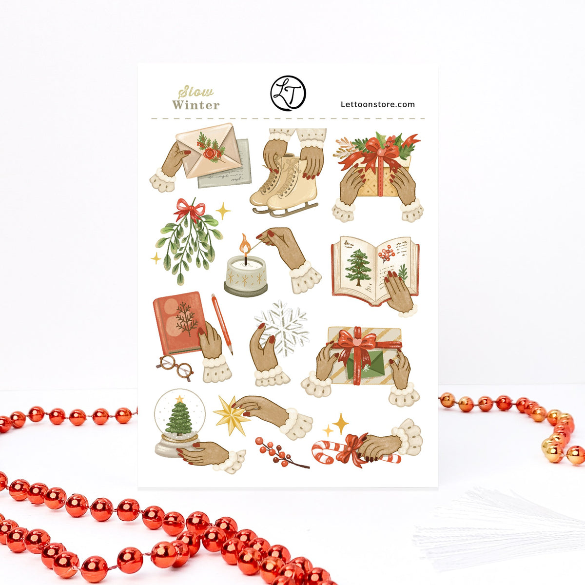 Slow Winter Christmas sticker sheet, A6: hands in knitted cuffs lighting a candle, tying a bow and sealing a letter