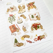 Close-up of Slow Winter kiss-cut stickers on matte paper: a lit candle and a wax-sealed letter
