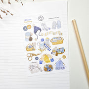 Winter Knitting sticker sheet, A6, on lined paper with a pencil