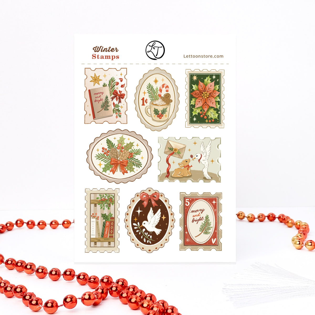 Winter Stamps sheet of 8 Christmas stamp stickers, A6: a dove with an olive branch, a poinsettia and hot cocoa