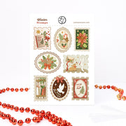 Winter Stamps sheet of 8 Christmas stamp stickers, A6: a dove with an olive branch, a poinsettia and hot cocoa