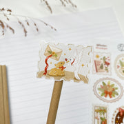 Winter Stamps kiss-cut sticker on a pencil: a deer and a dove with a letter on a postage stamp