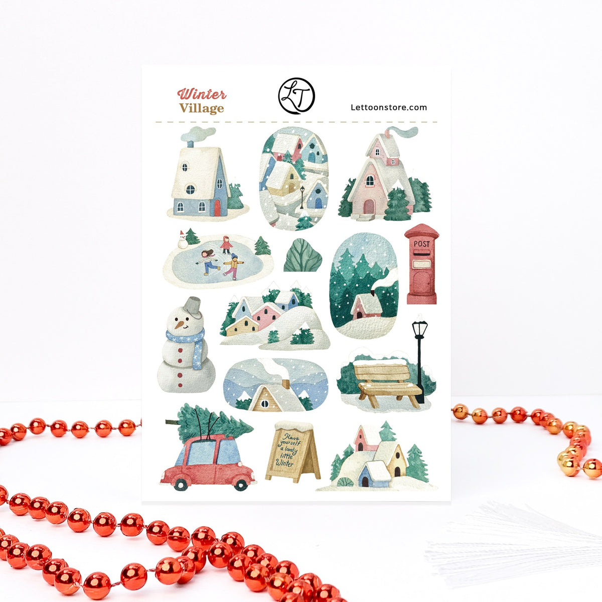 Winter Village sticker sheet, A6: a snowy village with skaters on a frozen pond, a snowman and a red car with a tree