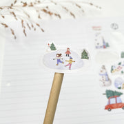 Winter Village kiss-cut sticker on a pencil: skaters on a frozen pond