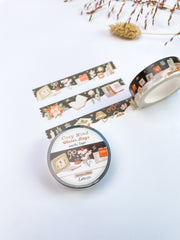 Cozy Mind Winter Days washi tape roll with its label, 15mm x 10m, strips of tape behind it