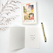 Same Food Same People Christmas card opened, English front with the blank inside and a pen