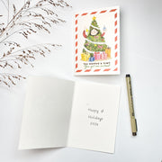 You Wanted a Tree Christmas card opened, English front with the blank inside and a pen