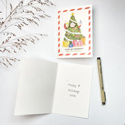 You Wanted a Tree Christmas card opened, Dutch front with the blank inside and a pen