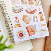 Premium Handmade Sticker Sheet Aesthetic Book 105mm x 148mm - a sheet on the table with a branch, an opened notebook