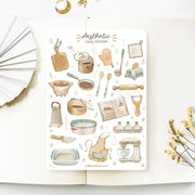 Premium Handmade Sticker Sheet Aesthetic Cozy Kitchen 105mm x 148mm - a sheet on the table with a white flower branch, an opened notebook