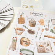 Premium Handmade Sticker Sheet Aesthetic Cozy Kitchen 105mm x 148mm - a sheet on the table with an opened notebook