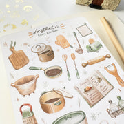 Premium Handmade Sticker Sheet Aesthetic Cozy Kitchen 105mm x 148mm - a sheet on the table with a pencil, an opened notebook