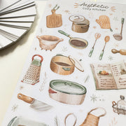 Premium Handmade Sticker Sheet Aesthetic Cozy Kitchen 105mm x 148mm - a sheet on the table with an opened notebook