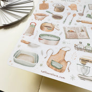Premium Handmade Sticker Sheet Aesthetic Cozy Kitchen 105mm x 148mm - a sheet on the table with an opened notebook