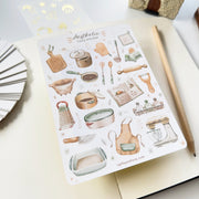 Premium Handmade Sticker Sheet Aesthetic Cozy Kitchen 105mm x 148mm - a sheet on the table with a pencil, an opened notebook