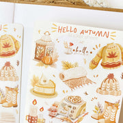 Premium Handmade Sticker Sheet Autumn in my Heart 105mm x 148mm - 2 sheets on the table with an opened notebook