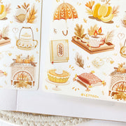 Premium Handmade Sticker Sheet Autumn in my Heart 105mm x 148mm - 2 sheets on the table with an opened notebook