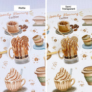 Premium Handmade Sticker Sheet Coffee 105mm x 148mm - 2 types of sheet on the table 