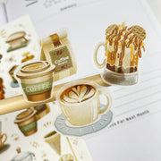 Premium Handmade Sticker Sheet Coffee 105mm x 148mm - 3 pieces on the stick and a sheet on the table 