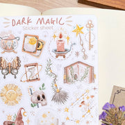 Premium Handmade Sticker Sheet Dark Magic 105mm x 148mm - a sheet on the table with a purple flower branch, an opened notebook