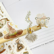Premium Handmade Sticker Sheet Dark Magic 105mm x 148mm - 3 pieces on the stick and a sheet on the table 