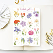 Premium Handmade Sticker Sheet Floral Desire 105mm x 148mm - a sheet on the table with a white flower branch, an opened notebook