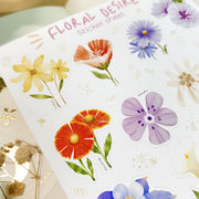 Premium Handmade Sticker Sheet Floral Desire 105mm x 148mm - a sheet on the table with a white flower branch, an opened notebook