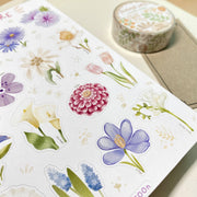 Premium Handmade Sticker Sheet Floral Desire 105mm x 148mm - a sheet on the table with a washi tape