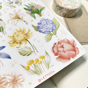 Premium Handmade Sticker Sheet Floral Power 105mm x 148mm - a sheet on the table with a washi tape, an opened notebook