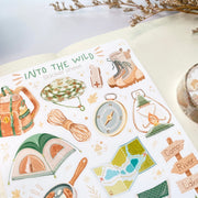 Premium Handmade Sticker Sheet Into The Wild 105mm x 148mm - a sheet on the table with a white flower branch, an opened notebook, a washi tape