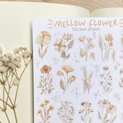 Premium Handmade Sticker Sheet Mellow Flower 105mm x 148mm - a sheet on the table with a white flower branch, an opened notebook