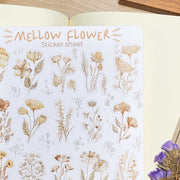 Premium Handmade Sticker Sheet Mellow Flower 105mm x 148mm - a sheet on the table with a purple flower branch, an opened notebook