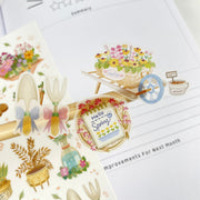 Premium Handmade Sticker Sheet Spring Vibes 105mm x 148mm - 3 pieces on the stick and a sheet on the table 