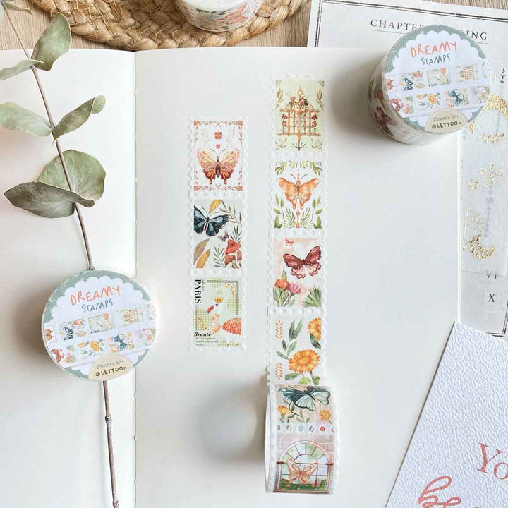 Premium Handmade Washi Tape Dreamy Stamp 25mm x 5m - 2 pieces and 2 washi tapes on the table with a branch, a heading chapter, a notebook